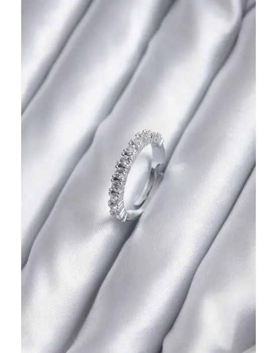 Gümüş İnce Su Yolu Model Zirkon Taşlı Çelik Yüzük