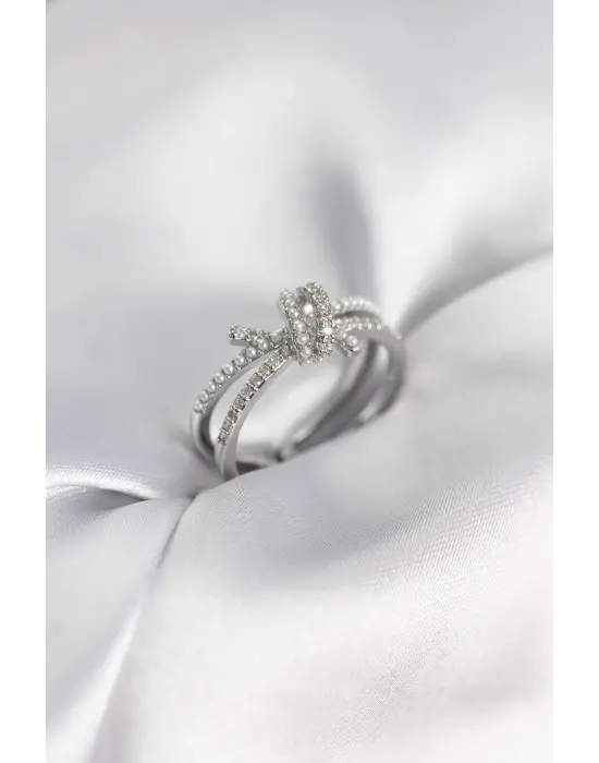 Gümüş Renk İncili Zirkon Taşlı Düğüm Kadın Yüzük