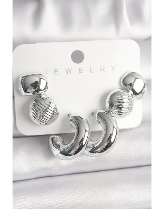 Gümüş İşlemeli Daire Halka Model CCB Platik Çelik Küpe Seti