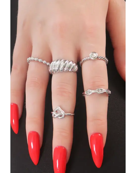 Gümüş Renk Kalp Figür Sarmal Model Zirkon Taşlı Bayan Yüzük Kombin