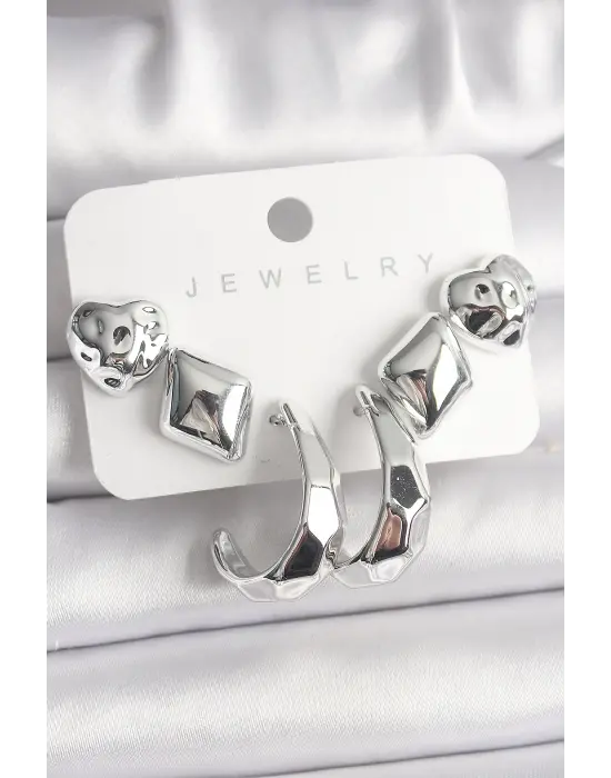 Gümüş Kalp Halka Figür CCB Plastik Çelik Küpe Seti