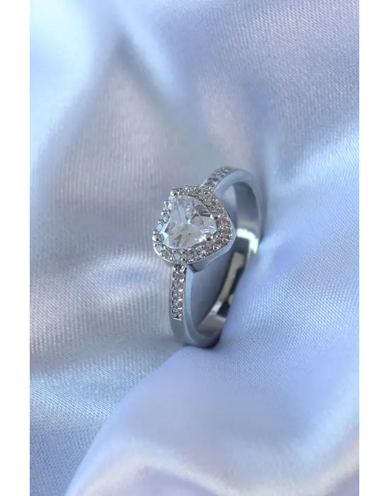 Gümüş Kalp Zirkon Taşlı Charm Model  Çelik Yüzük