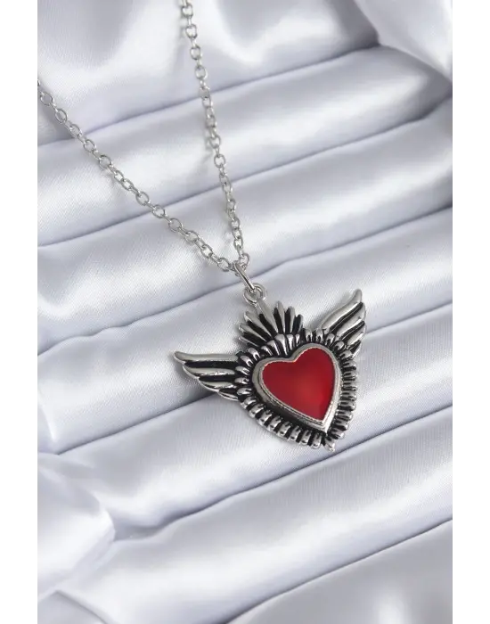 Gümüş  Kanatlı Kırmızı Kalp Model  Çelik Kolye