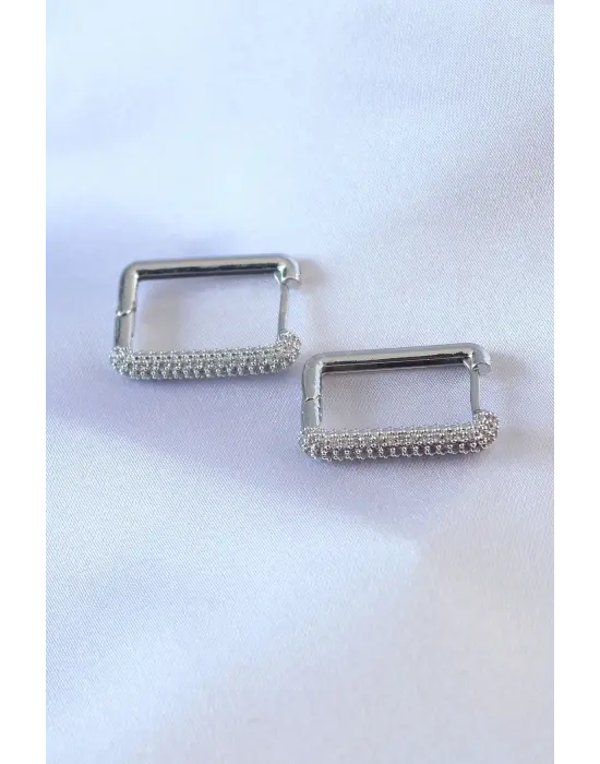 Gümüş Kare Model Zirkon Taşlı  Çelik Küpe