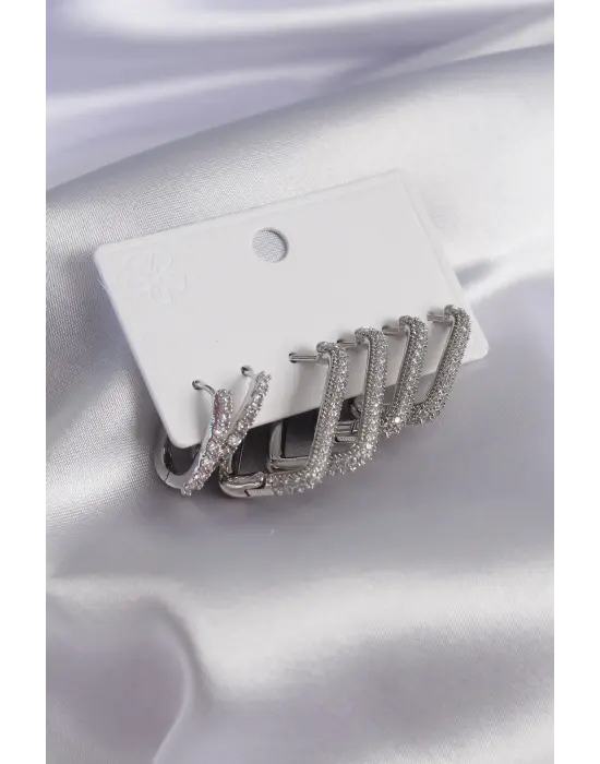 Gümüş Renk Kare Model Zirkon Taşlı Pirinç Kadın Küpe Seti