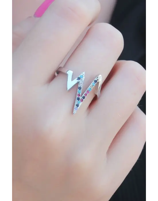 Gümüş Renk Karışık Renk Zirkon Taşlı Ritim Model Kadın Yüzük