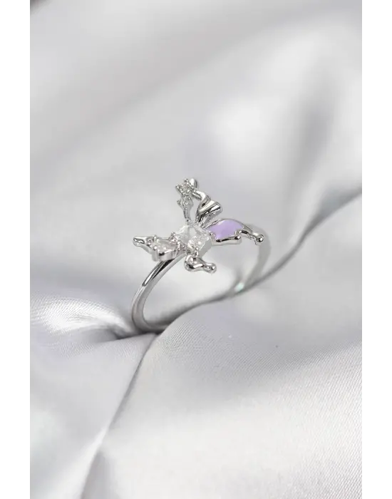 Gümüş Renk Kelebek Model Zirkon Taşlı Kadın Yüzük