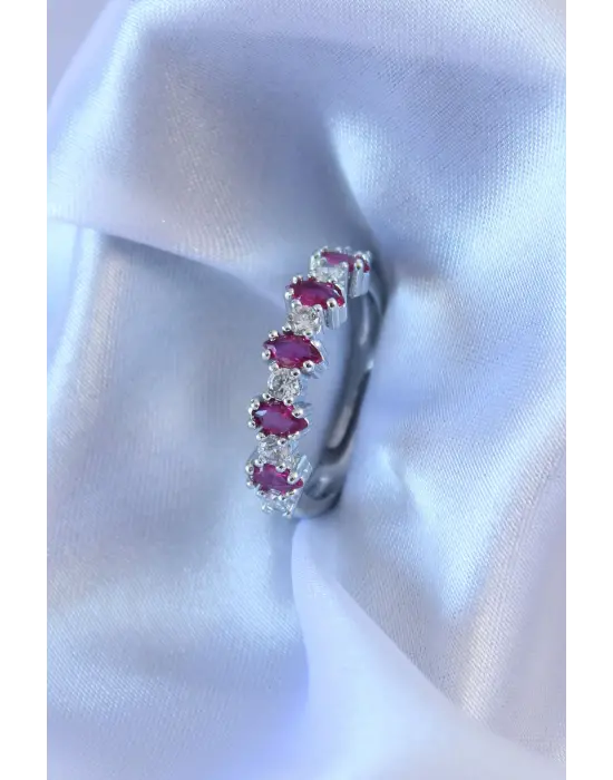 Gümüş Renk Kırmızı Zirkon Taşlı Kadın Yüzük