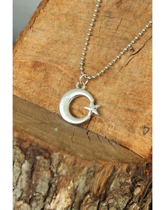 Gümüş Renk Krom Kaplama Kararmaz Ay Yıldız Tasarım Metal Erkek Kolye