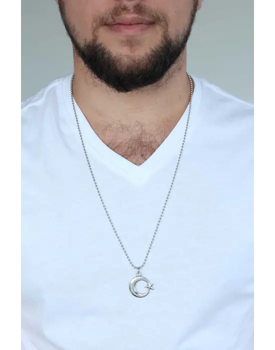 Gümüş Renk Krom Kaplama Kararmaz Ay Yıldız Tasarım Metal Erkek Kolye