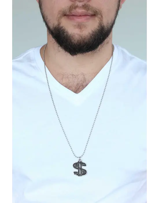 Gümüş Renk Krom Kaplama Kararmaz Dolar Tasarım Metal Erkek Kolye