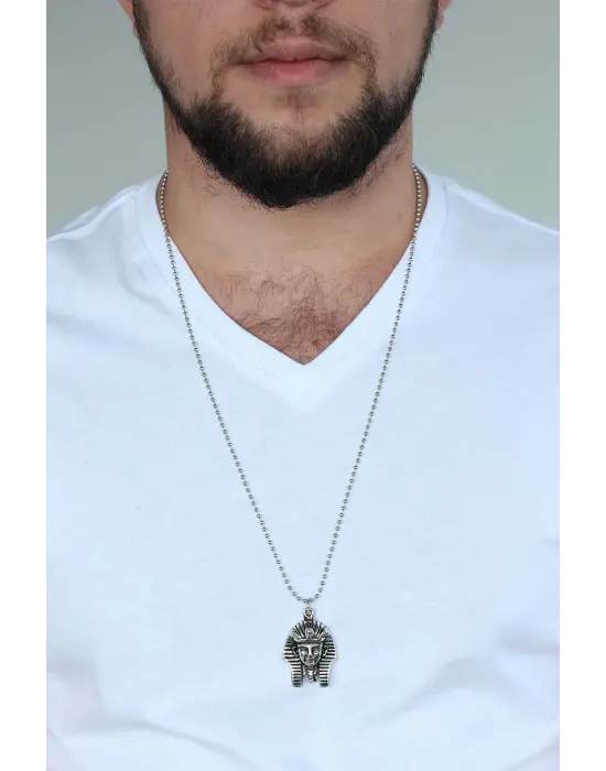 Gümüş Renk Krom Kaplama Kararmaz Firavun Tasarım Metal Erkek Kolye