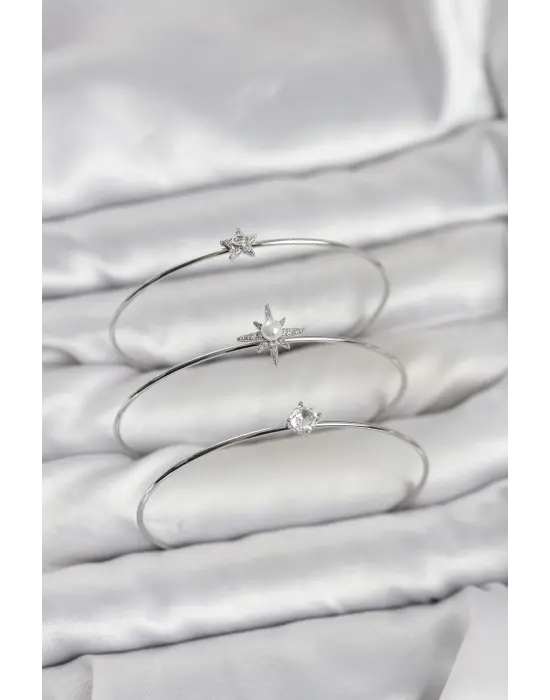 Gümüş Renk Kutup Yıldızı Model Zirkon Taşlı 3lü Kadın Bileklik Kombini