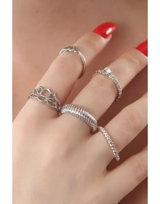 Gümüş Renk Lotus Figür Zirkon Taşlı Sarmal Model Bayan Yüzük Kombin
