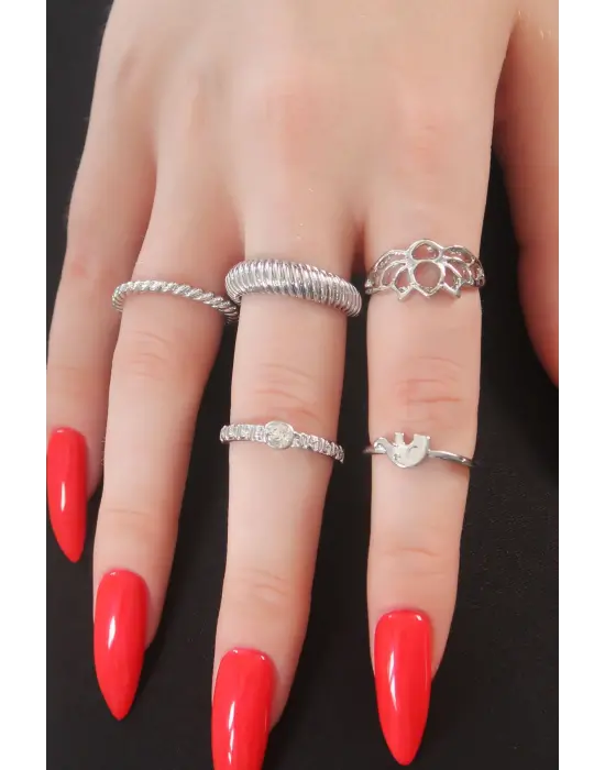 Gümüş Renk Lotus Figür Zirkon Taşlı Sarmal Model Bayan Yüzük Kombin