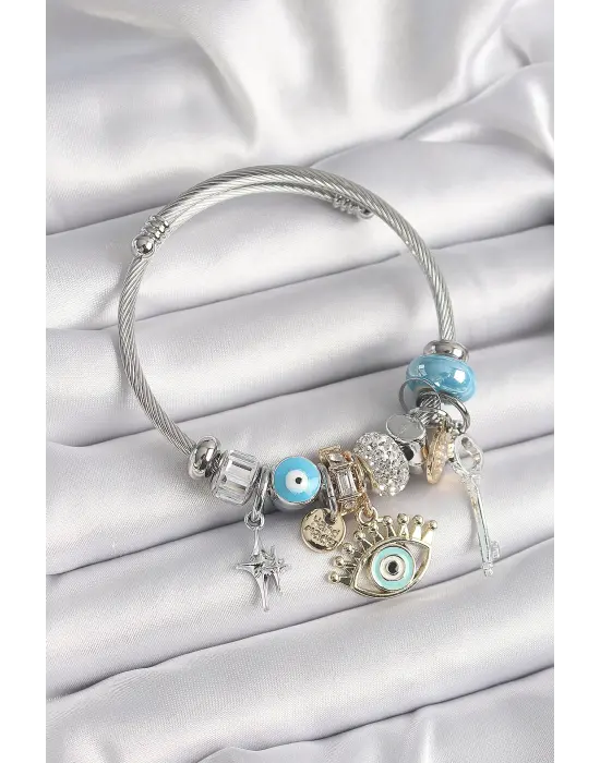 Gümüş Renk Mavi Zirkon Taş Nazar Detaylı Göz Figür Charm Bileklik