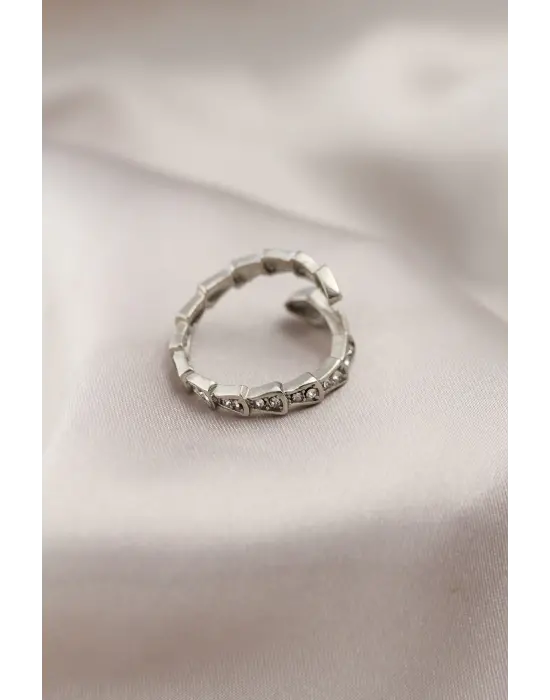 Gümüş Metal Yılan Tasarımlı Taşlı Çelik Yüzük