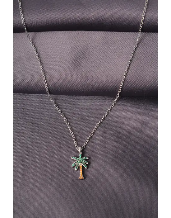 Gümüş Renk Metal Zirkon Taş Palmiye Ağaç Tasarımlı Kadın Kolye
