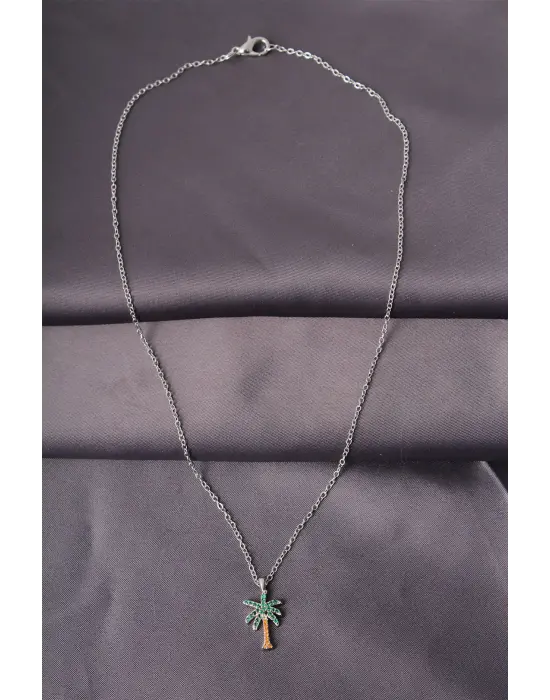 Gümüş Renk Metal Zirkon Taş Palmiye Ağaç Tasarımlı Kadın Kolye