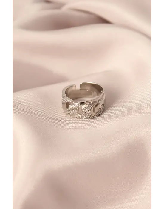 Gümüş Renk Metal Zirkon Taşlı Ayarlanabilir Kadın Yüzük