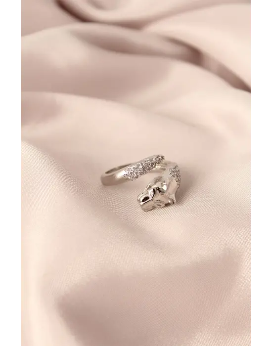 Gümüş Renk Metal Zirkon Taşlı Kaplan Model Ayarlanabilir Kadın Yüzük
