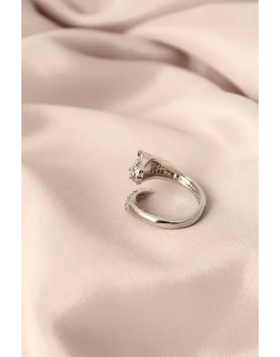 Gümüş Renk Metal Zirkon Taşlı Kaplan Model Ayarlanabilir Kadın Yüzük