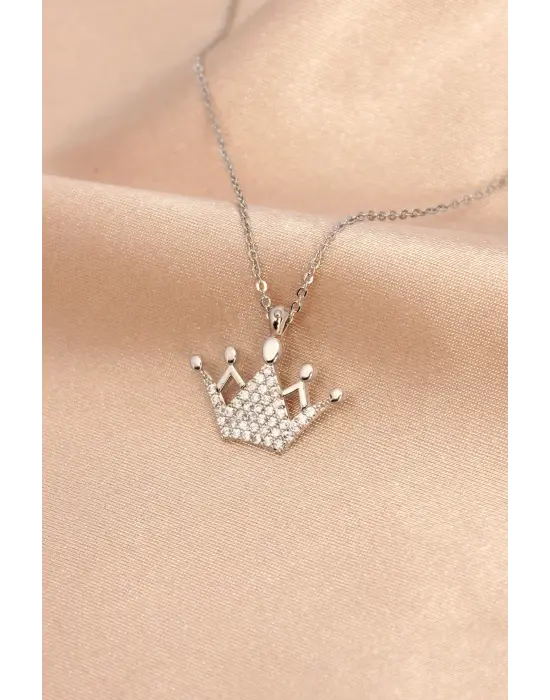 Gümüş Renk Metal Zirkon Taşlı Taç Kolye