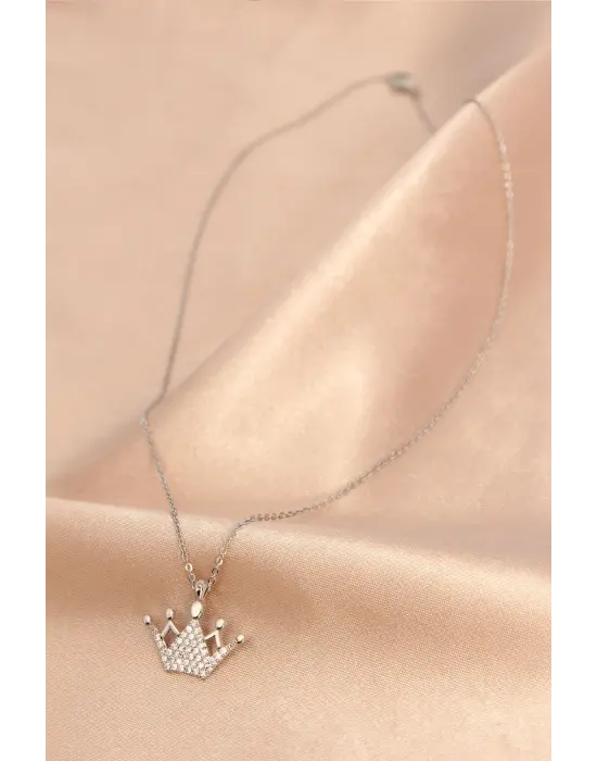 Gümüş Renk Metal Zirkon Taşlı Taç Kolye