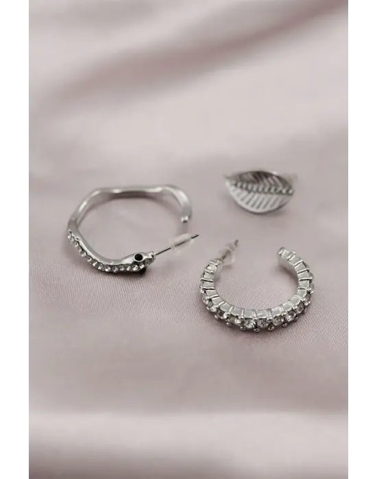 Gümüş Renk Metal Zirkon Taşlı Yılan Model Kadın Küpe Seti