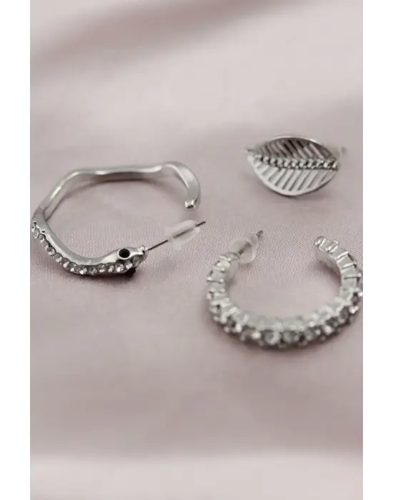 Gümüş Renk Metal Zirkon Taşlı Yılan Model Kadın Küpe Seti