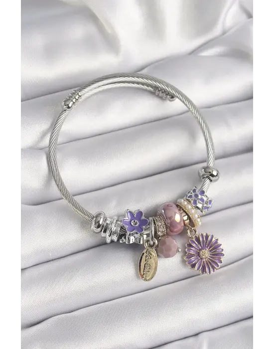 Gümüş Renk Mor Renkli Çiçek Model Charm Bileklik