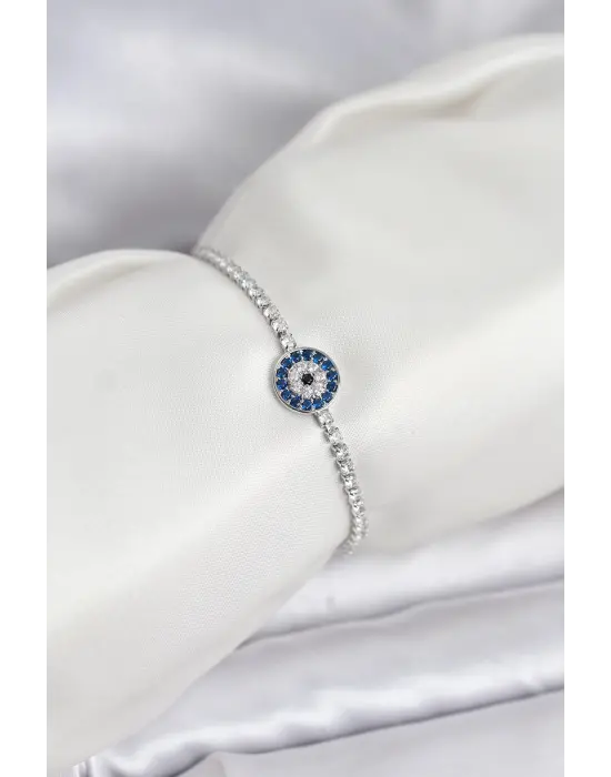 Gümüş Renk Nazar Model Zirkon Taşlı Asansörlü Su Yolu Bileklik