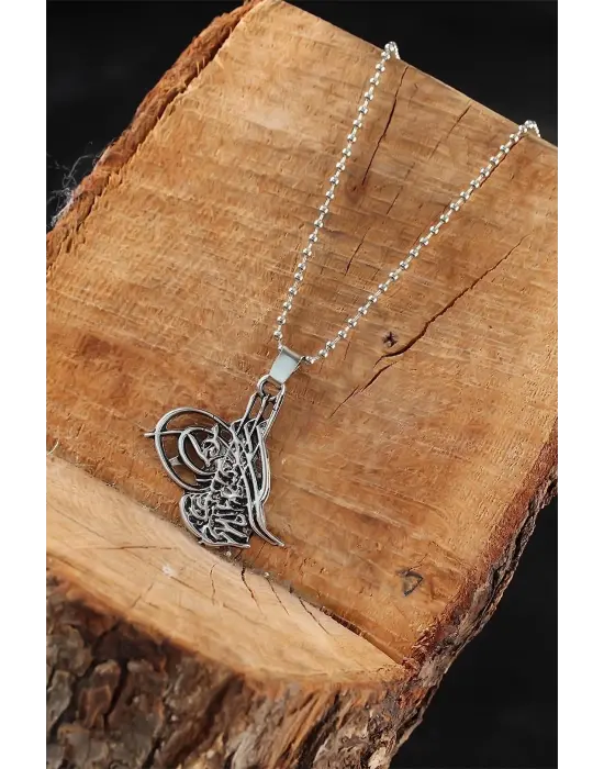 Gümüş Renk Osmanlı Tuğralı Erkek Kolye