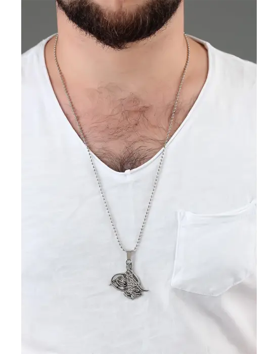 Gümüş Renk Osmanlı Tuğralı Erkek Kolye