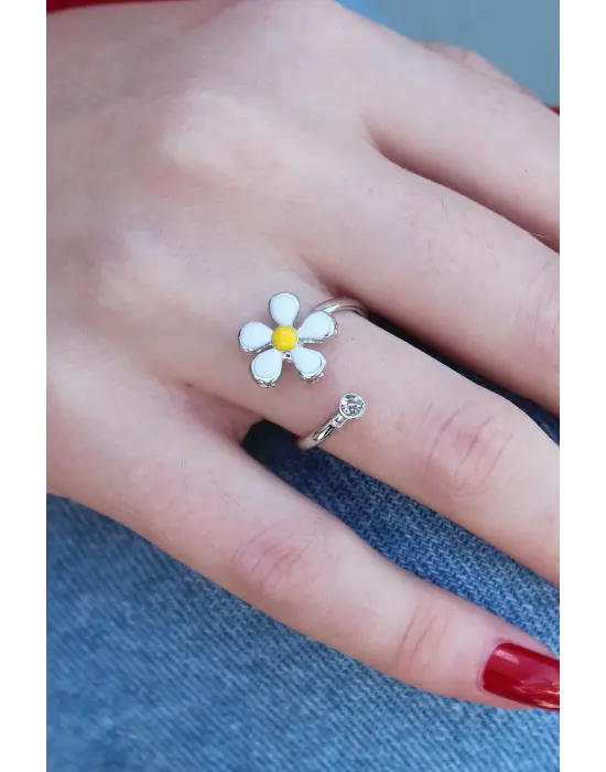 Gümüş Papatya Model Zirkon Taş Detay Çelik Yüzük