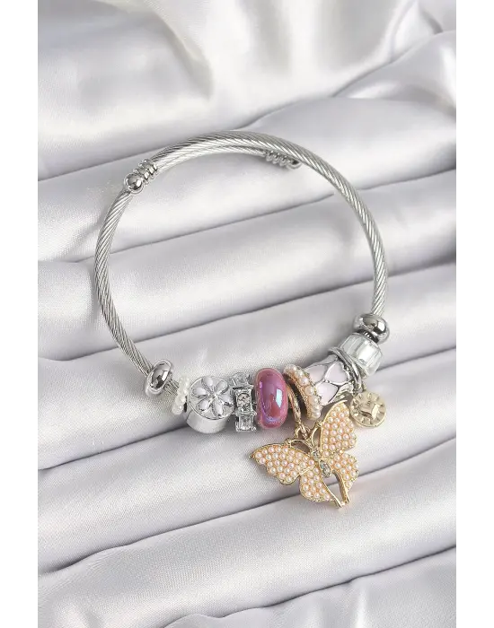 Gümüş Renk Pembe Kalp Detaylı İnci Detaylı Kelebek Figür Charm Bileklik