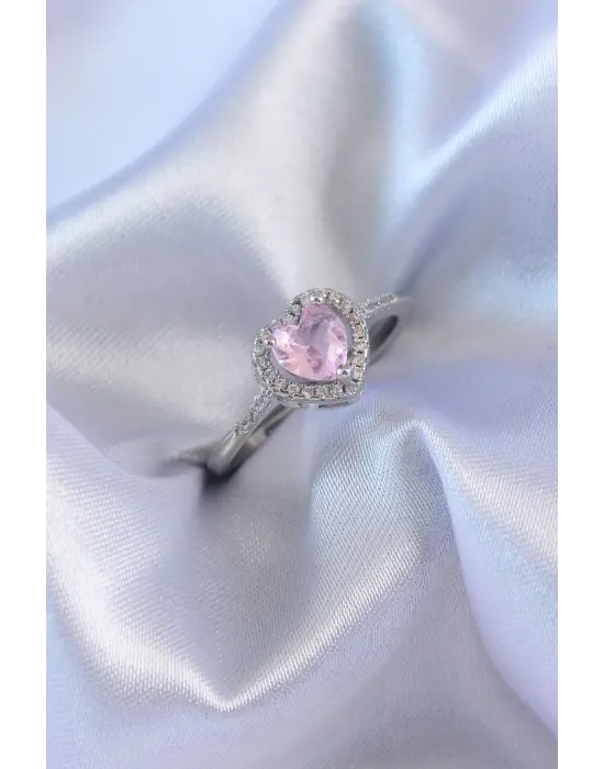 Gümüş Pembe Zirkon Taşlı Kalp Charm Model  Çelik Yüzük