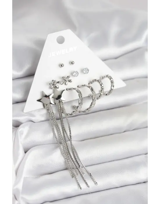 Gümüş Renk Sallantılı Yıldız Pirinç 6 Çift Kadın Küpe Seti