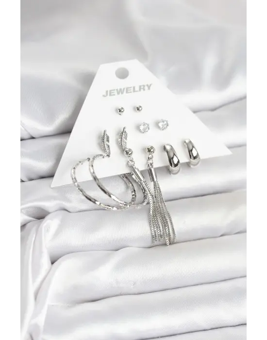 Yapraklı Gümüş Renk Pirinç Püsküllü 6 Çiftli Kadın Küpe Seti