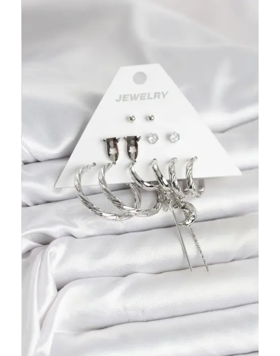 Gümüş Renk Pirinç Halka Model Kalp 6lı Kadın Küpe Seti