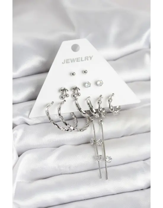 Gümüş Renk Pirinç 6lı Kadın Küpe Seti Kiraz Topçuk