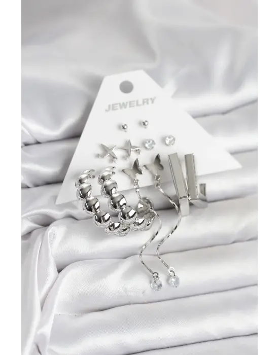 Uzun Kelebek Gümüş Renk Pirinç 6lı Kadın Küpe Seti Kuzey Yıldızı