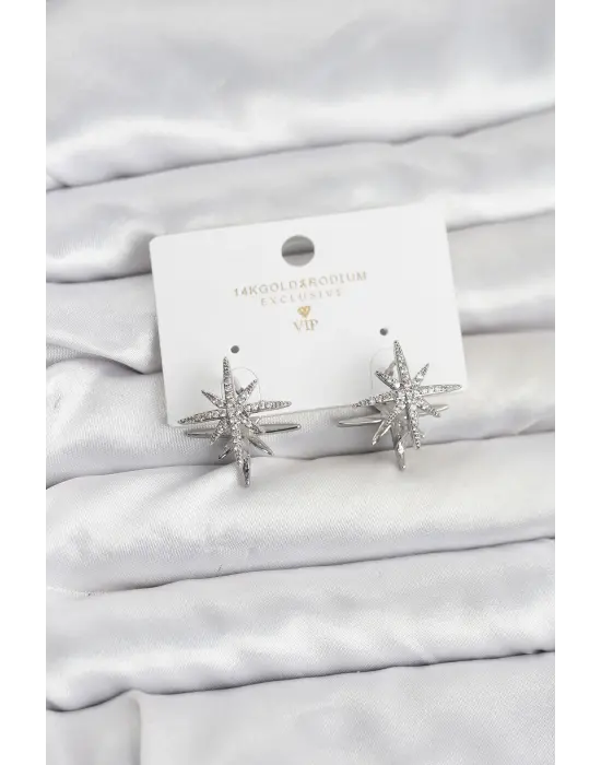 Gümüş Renk Pirinç Çift Taraflı Kutup Yıldızı Kadın Küpe