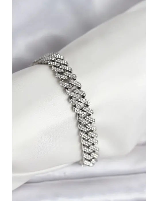 Gümüş Renk Pirinç Cuba Chain Gurmet Bileklik