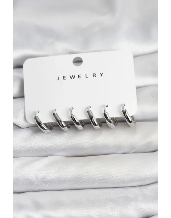 Gümüş Renk Pirinç Halka Kadın Küpe Seti