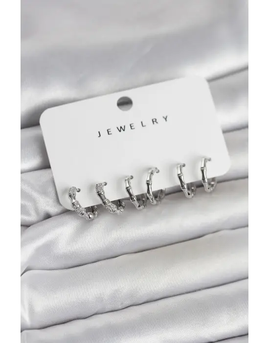 Gümüş Renk Pirinç Kemik Model 3 Çift Kadın Küpe Seti
