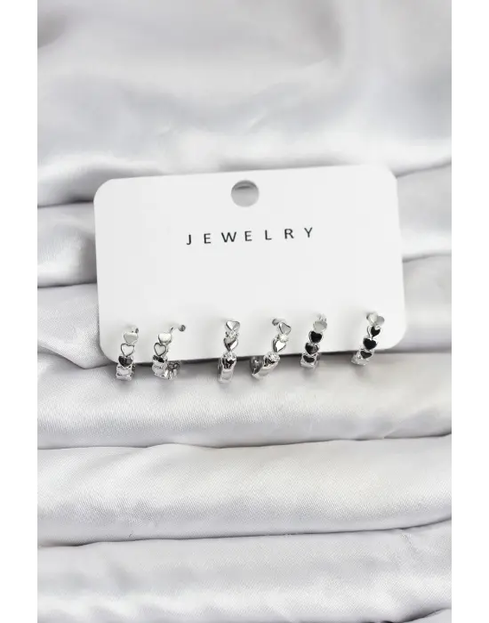 Gümüş Renk Pirinç Minimal Kalp Detaylı Kadın Küpe Seti