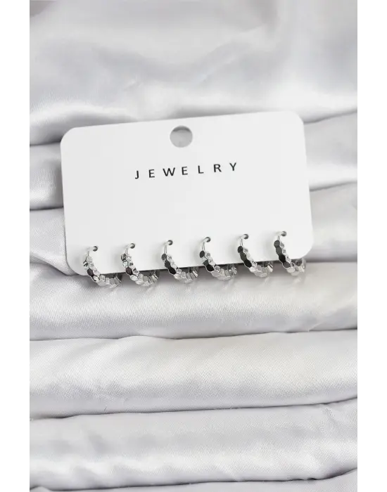 Gümüş Renk Pirinç Minimal Petek Detaylı Kadın Küpe Seti