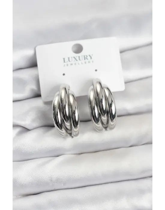 Gümüş Renk Çelik Yarım Halka Model Kadın Küpe