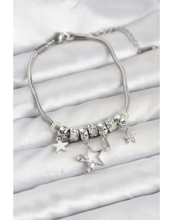 Gümüş Renk Çelik Yıldız Model Charmlı Kadın Bileklik